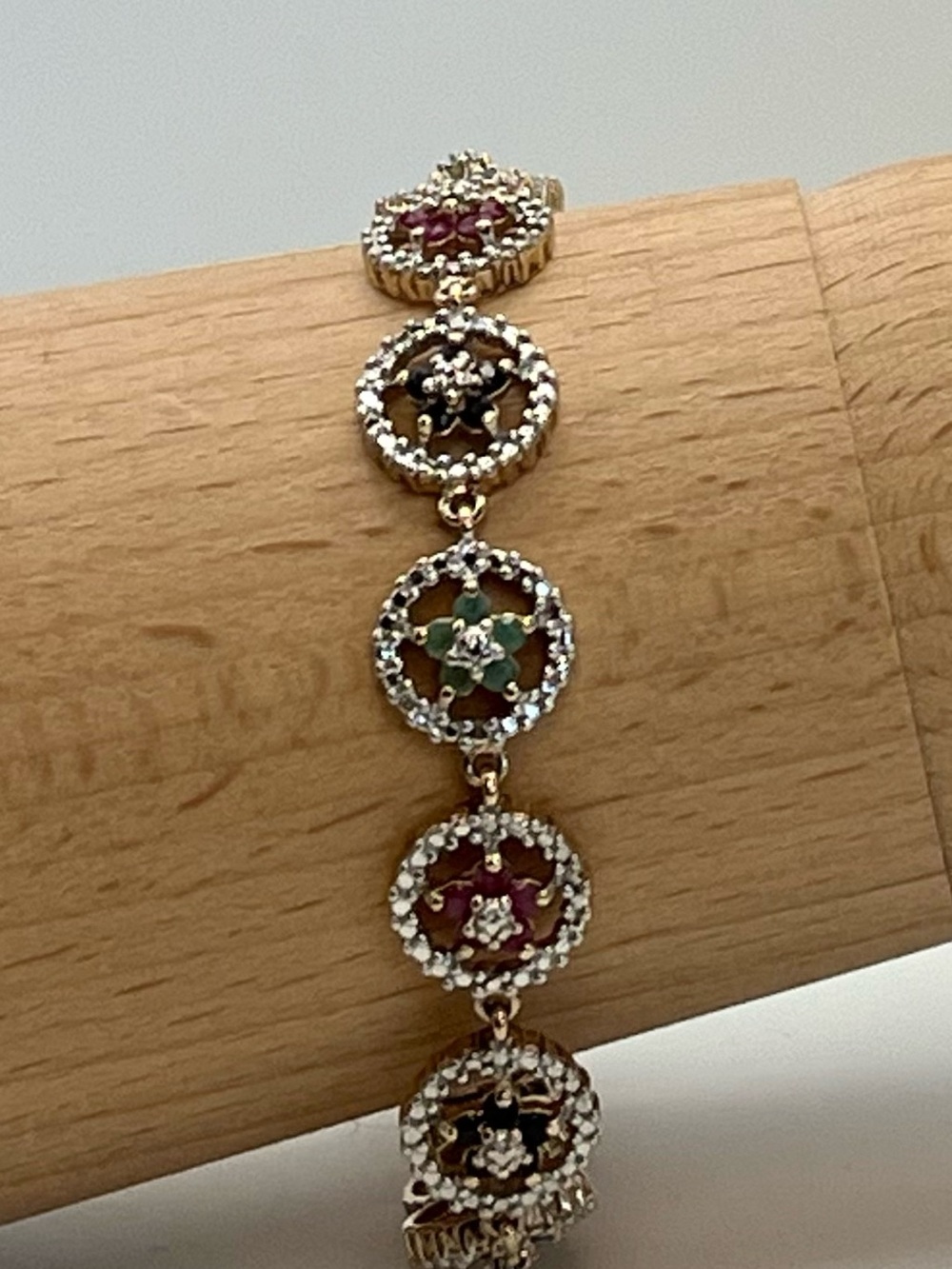Vintage Emerald, Ruby, Sapphire Gold-tone Sterling Silver Bracelet
